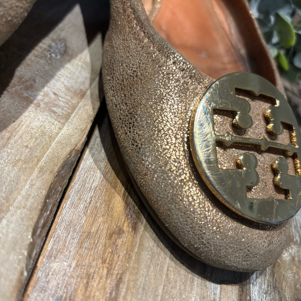 Tory Burch Metallic Leather Ballet Travel Flats Salmond/Rose Gold - Picture 7 of 7